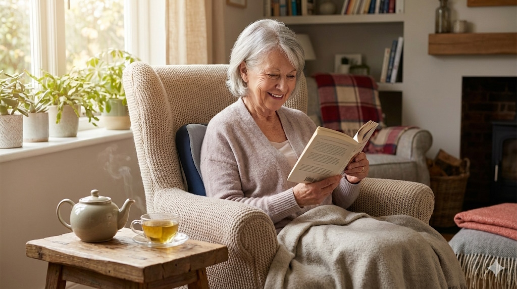 Kényelmes otthoni környezet, nő olvas, ízületkímélő életmód