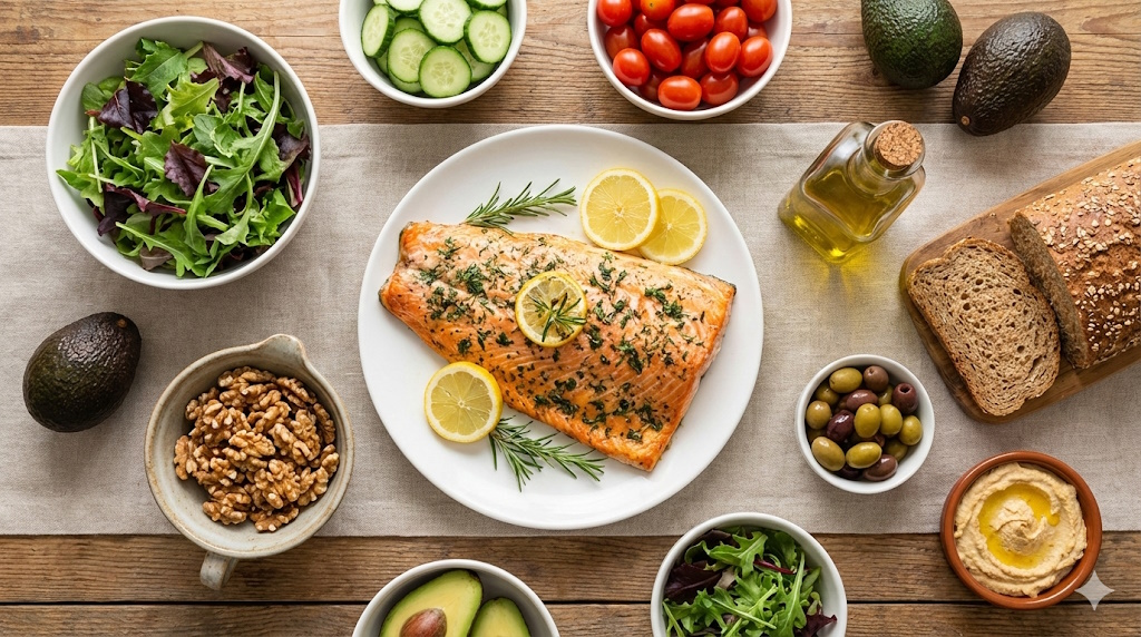 Egészséges mediterrán ételek az asztalon